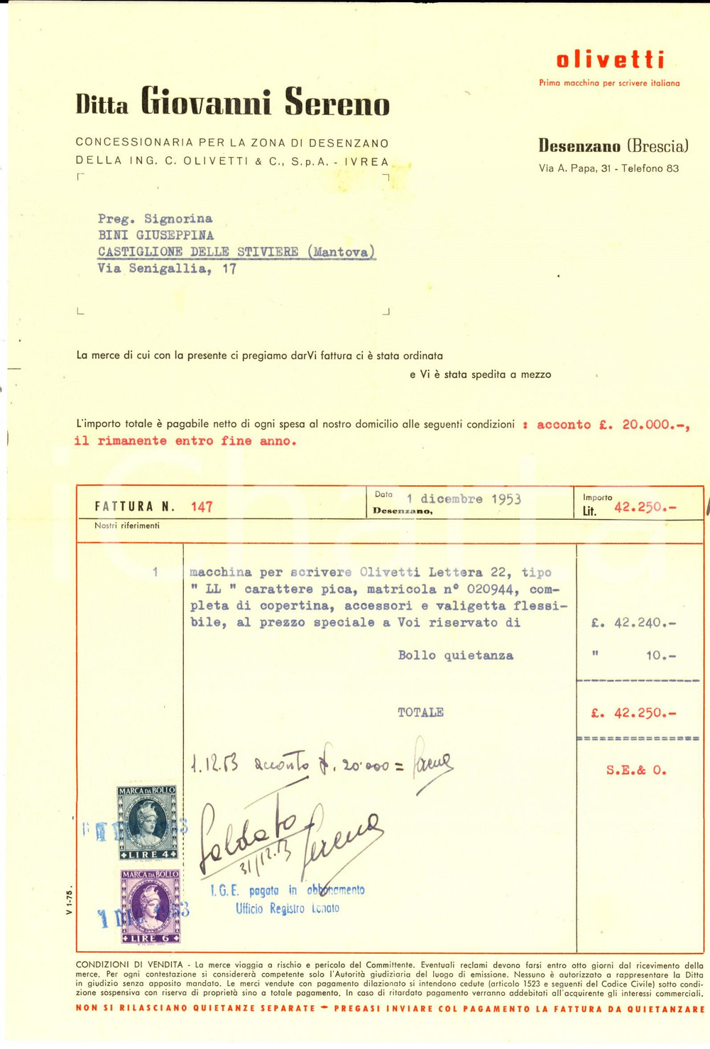 Documento originale, autentico 1953 DESENZANO DEL GARDA BS Ditta Giovanni SERENO Fattura macchina OLIVETTI 1