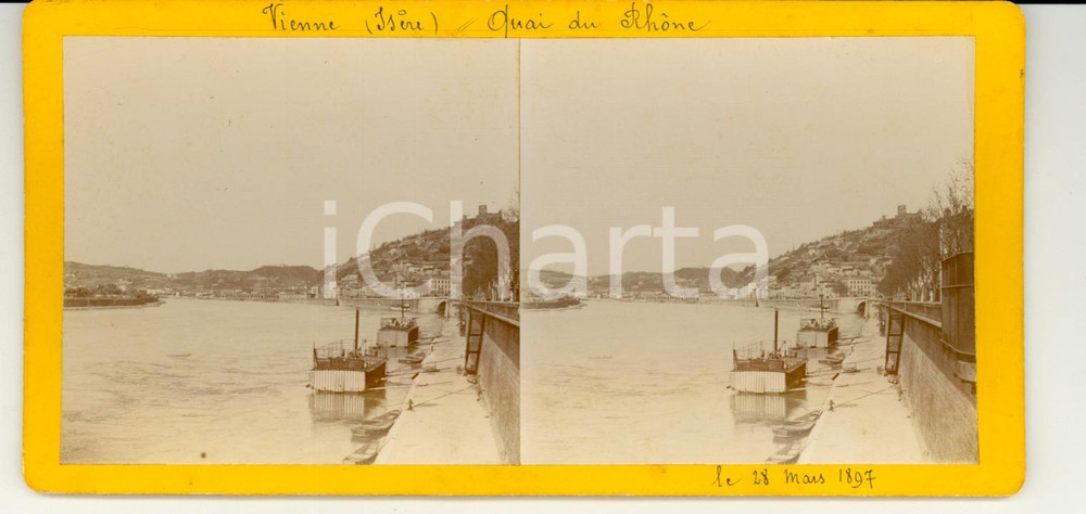 Fotografia d epoca originale 1897 VIENNE RhoneAlpes Quai du RHONE StÃ©rÃ©oscopie 1