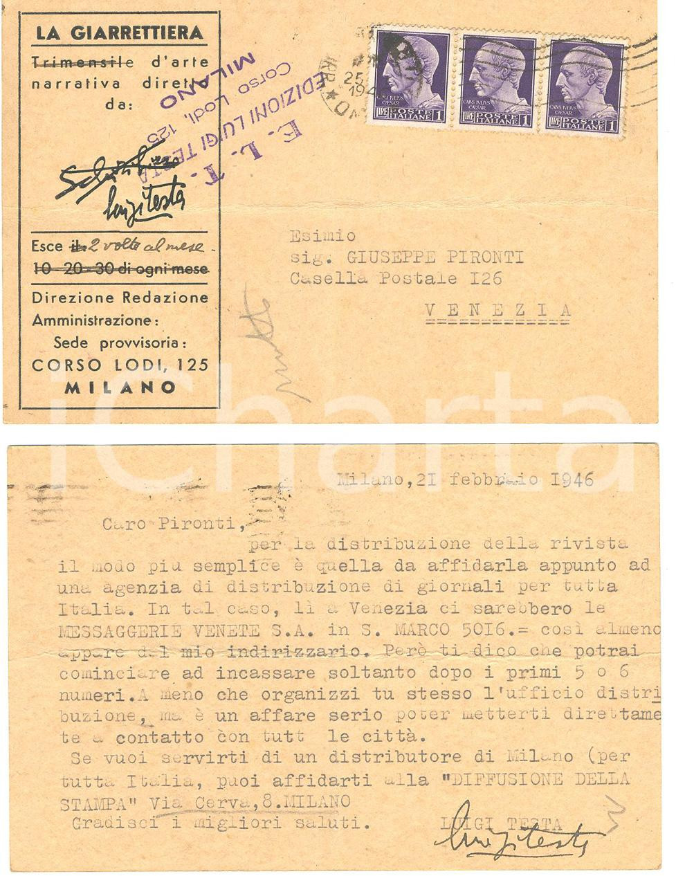 Autografo originale 1946 MILANO Corso Lodi 125 LA GIARRETTIERA Autogr. Luigi TESTA Editore 1