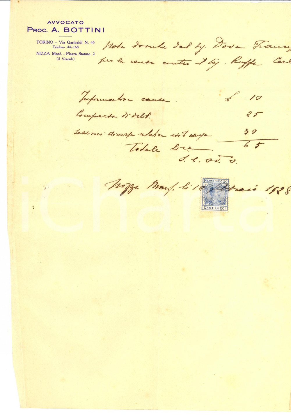 Documento originale, autentico 1928 NIZZA MONFERRATO AT Conto dell avvocato A. BOTTINI 1