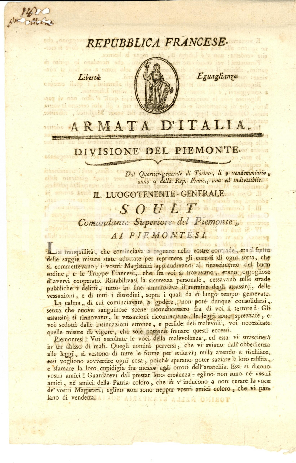 Documento originale, autentico 1800 REPUBBLICA SUBALPINA Minaccia ai Piemontesi ribelli MANIFESTO 1