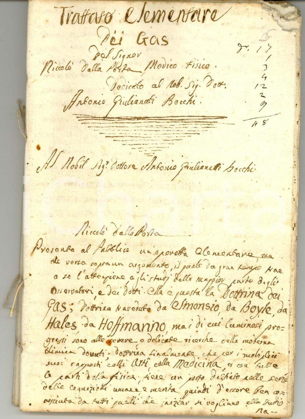 Manoscritto, lettera originale 1795 ca NiccolÃ² DALLAPORTA Trattato elementare dei gas COPIA MANOSCRITTA 72 pp 1