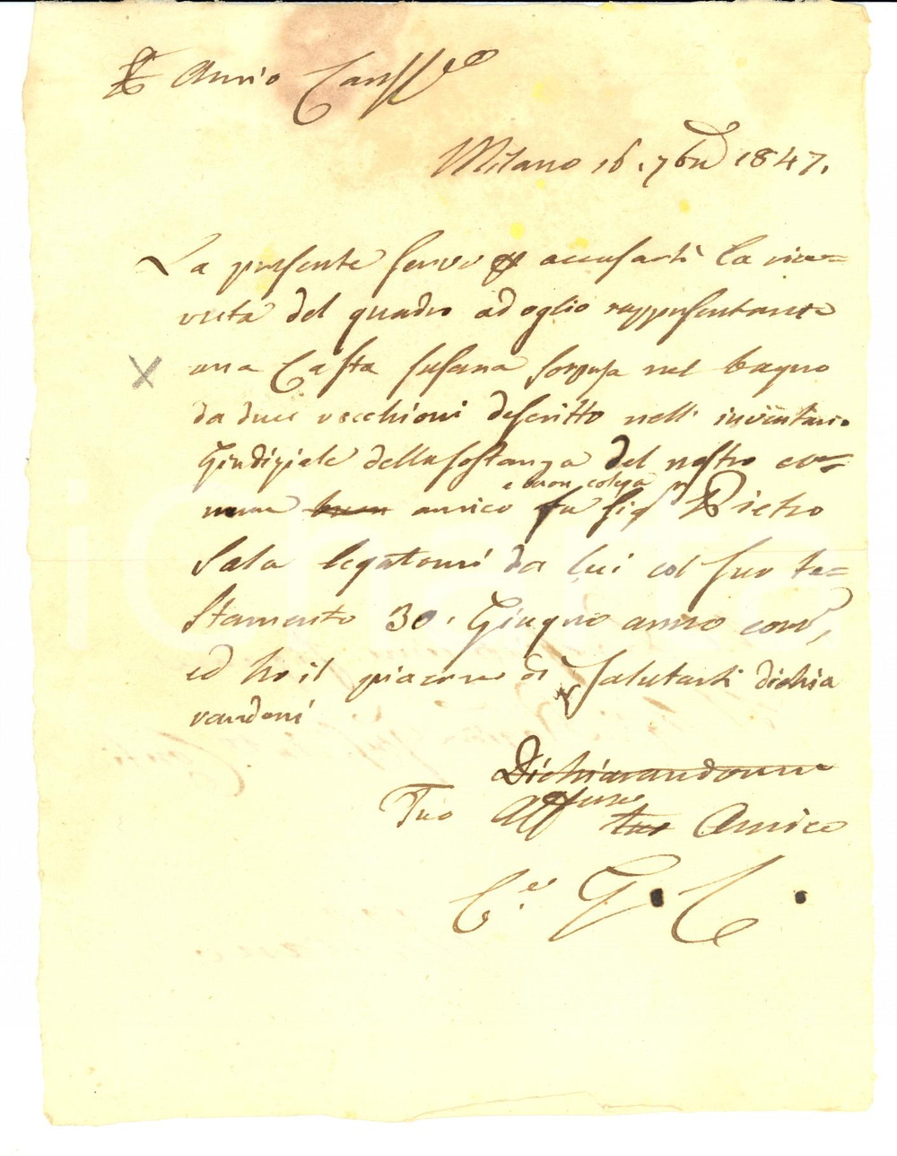 Documento originale, autentico 1847 MILANO Giuseppe CONSOLE riceve quadro casta Susanna da Pietro SALA 1