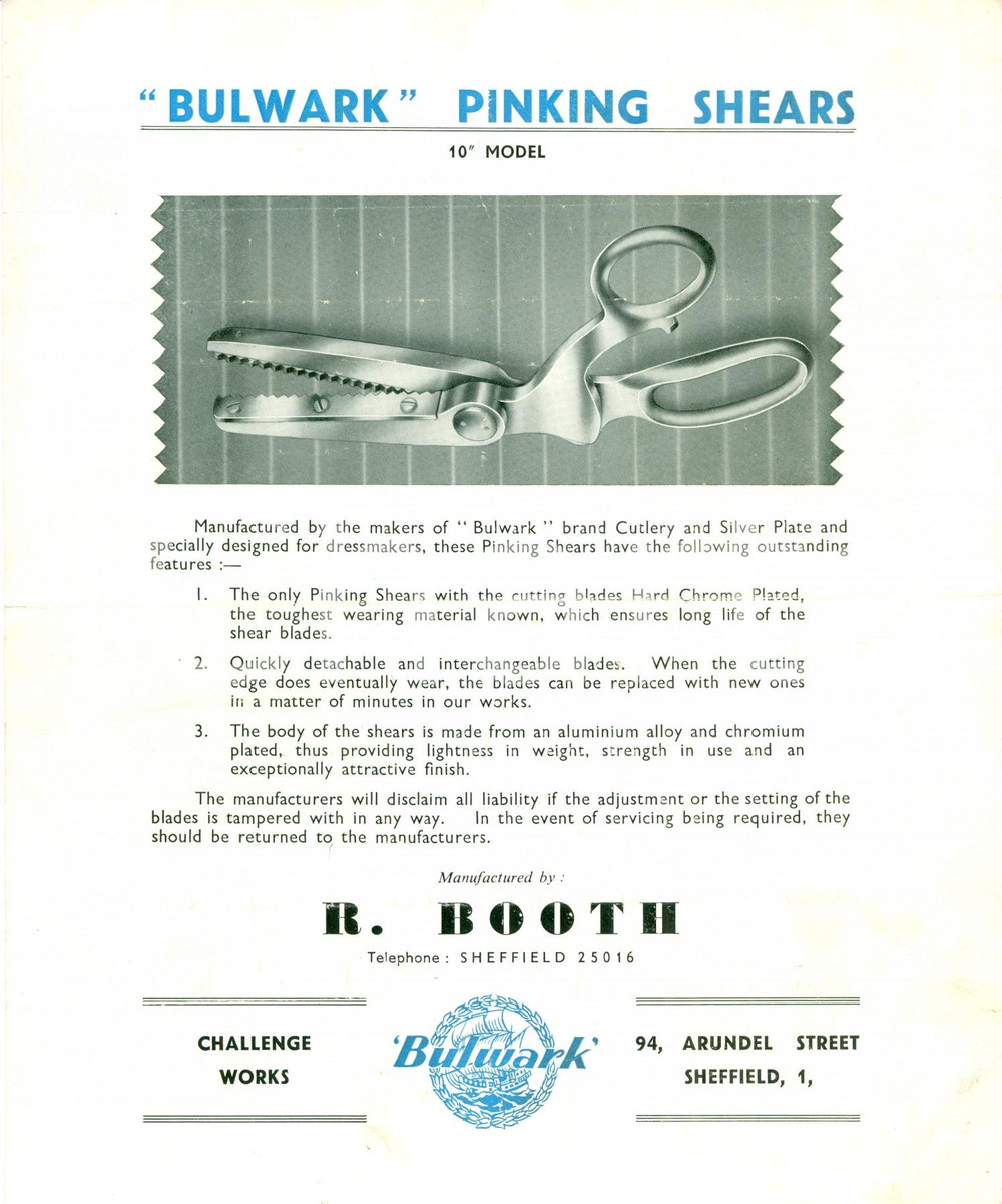 Materiale pubblicitario d’epoca 1955 ca SHEFFIELD UK Pinking shears BULWARK Volantino ILLUSTRATO 1