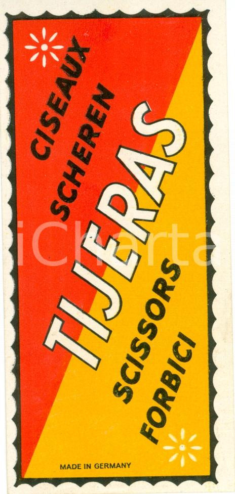 Materiale pubblicitario d’epoca 1955 ca SOLINGEN GERMANY Etichetta Forbici ERN a colori 1 1