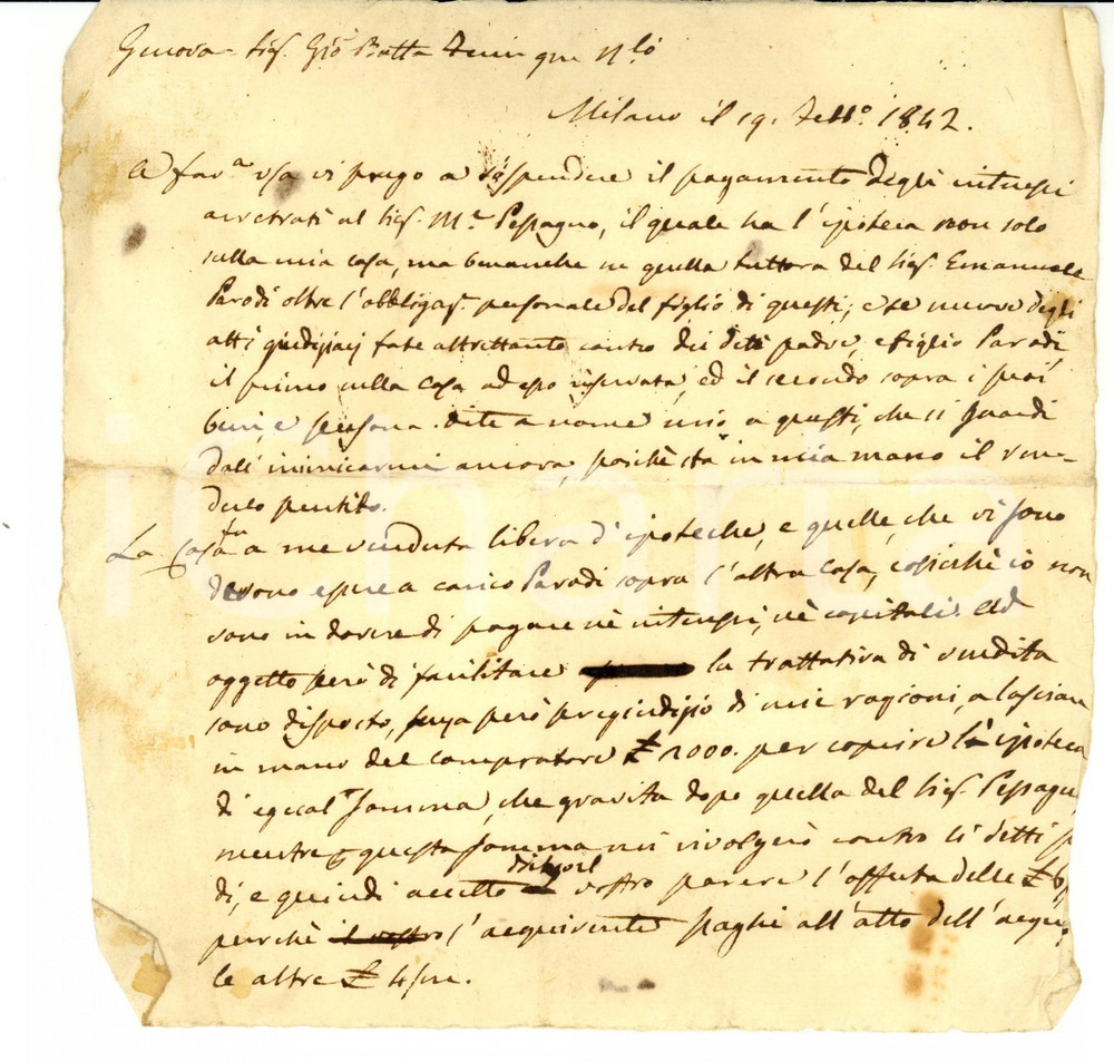 Manoscritto, lettera originale 1842 MILANO Carlo MONETA non paga per una casa giÃ  acquistata 1