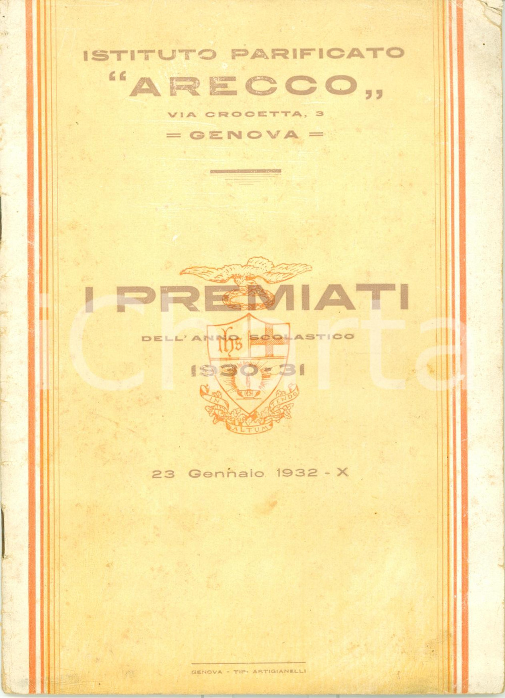 Documento originale, autentico 1932 GENOVA Alunni premiati Istituto Parificato ARECCO Pubblicazione 1