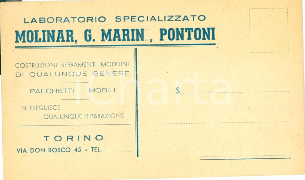 Materiale pubblicitario d’epoca 1940 ca TORINO Mobili serramenti MOLINAR MARIN PONTONI Biglietto 1