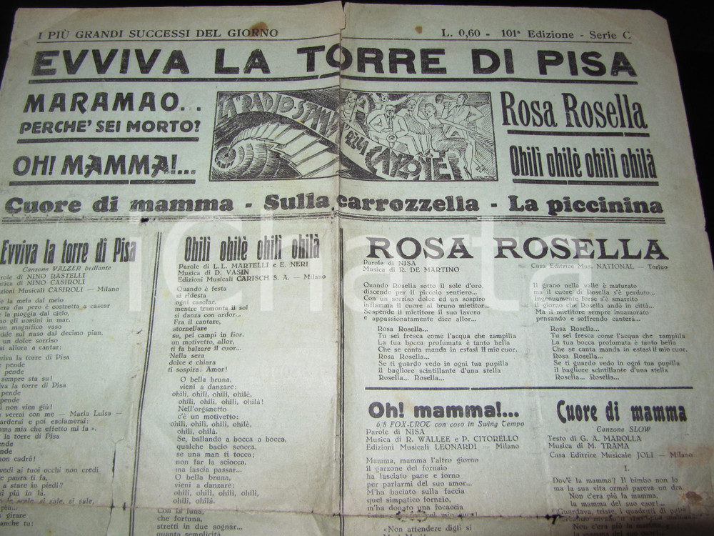 Documento originale, autentico 1940 CANZONIERE FASCISTA Radio stampa canzone 34x50 cm MARAMAO perché sei morto 1