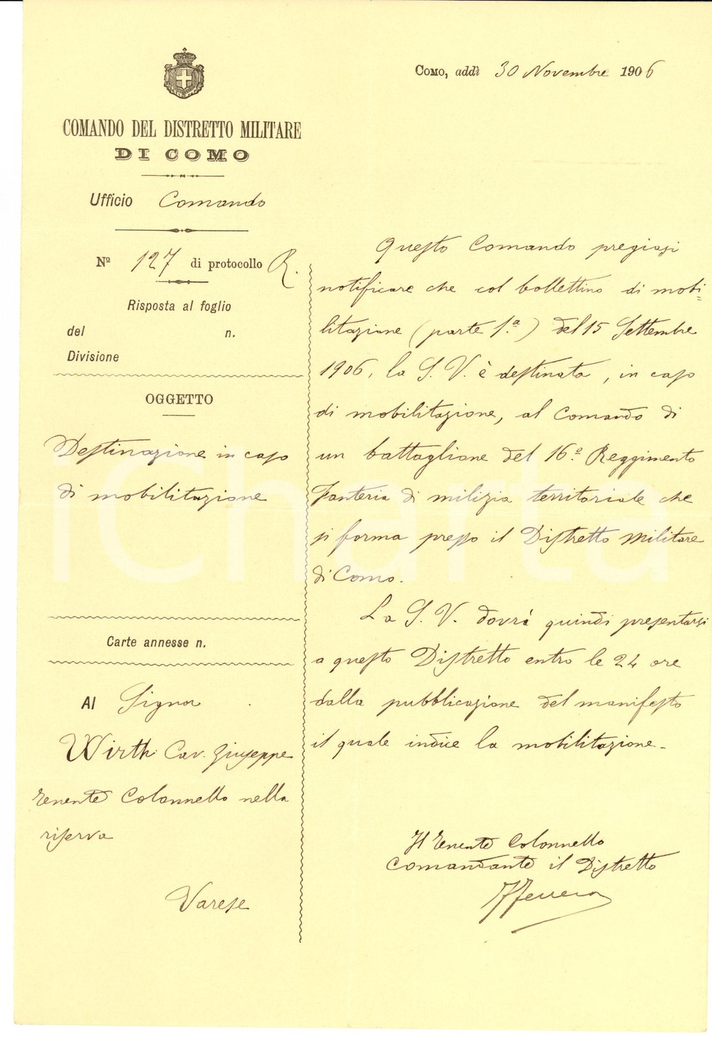 Documento originale, autentico 1906 COMO Giuseppe WIRTH assegnato al 16Â° Reggimento Fanteria 1