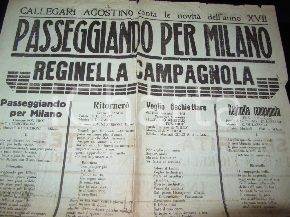 Documento originale, autentico 1939 CANZONIERE FASCISTA Agostino CALLEGARI 34 x 50 cm Passeggiando per MILANO 1