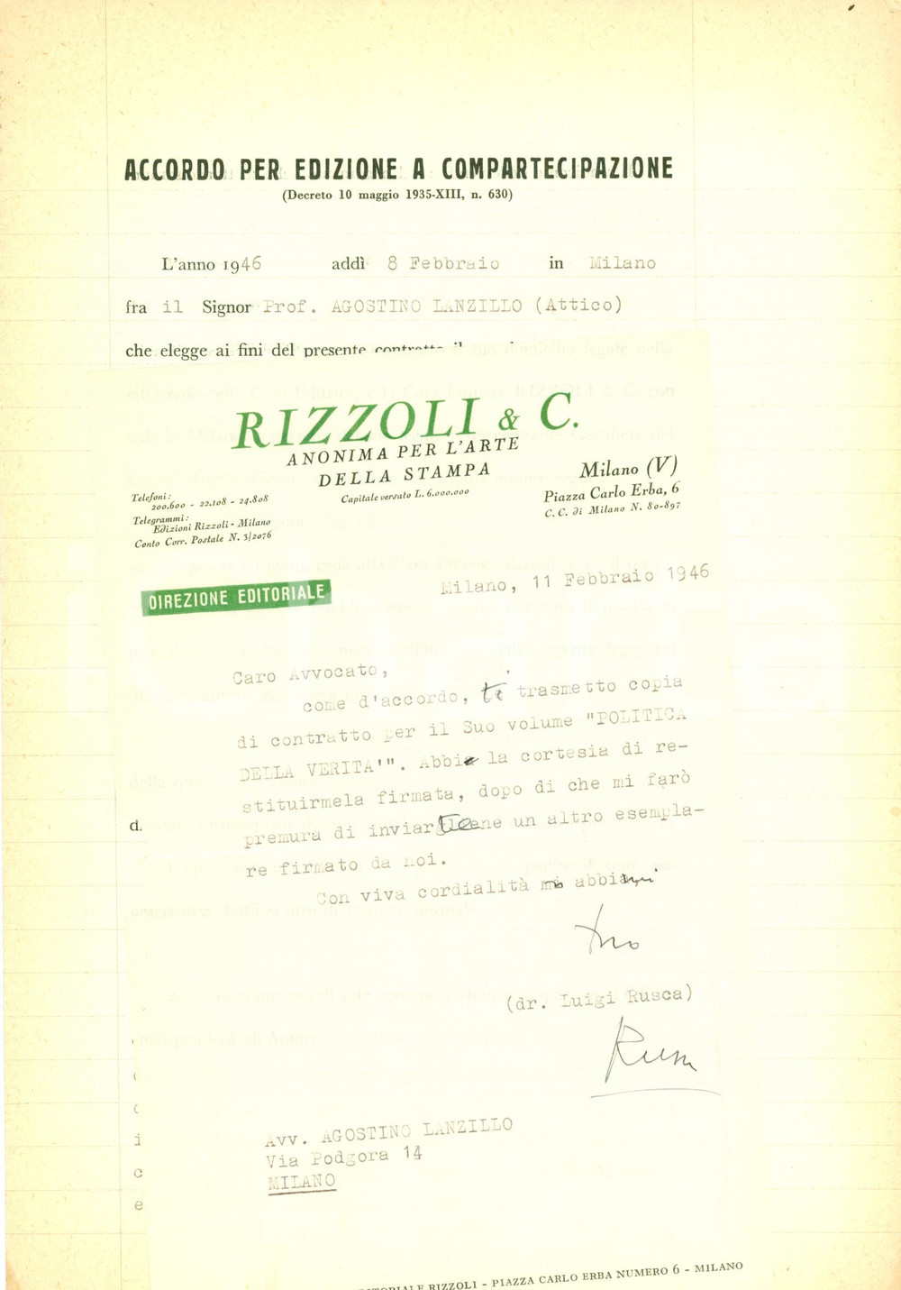 Documento originale, autentico 1946 MILANO Contratto con RIZZOLI Autogr. Luigi RUSCA 1