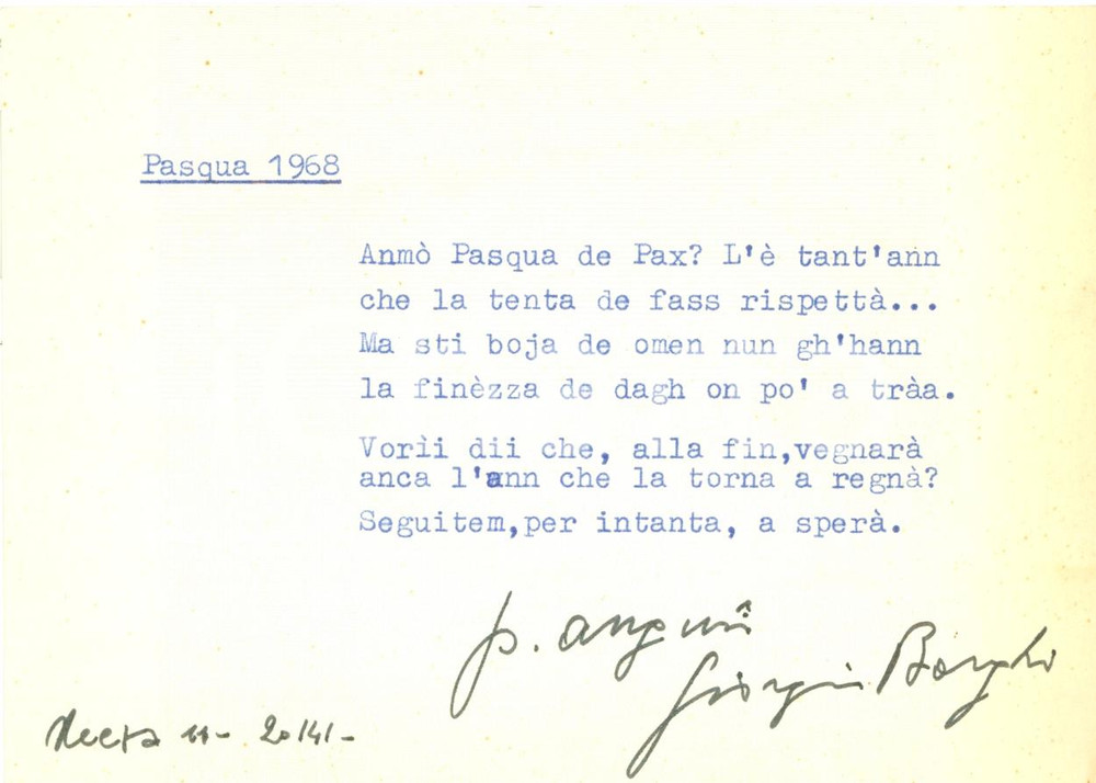 Autografo originale 1968 GIORGIO BORGHI Poesia dialettale Pasqua AUTOGRAFO 1