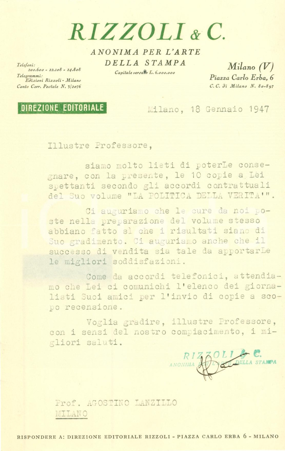 Manoscritto, lettera originale 1947 MILANO La RIZZOLI augura fortuna Agostino LANZILLO Lettera 1