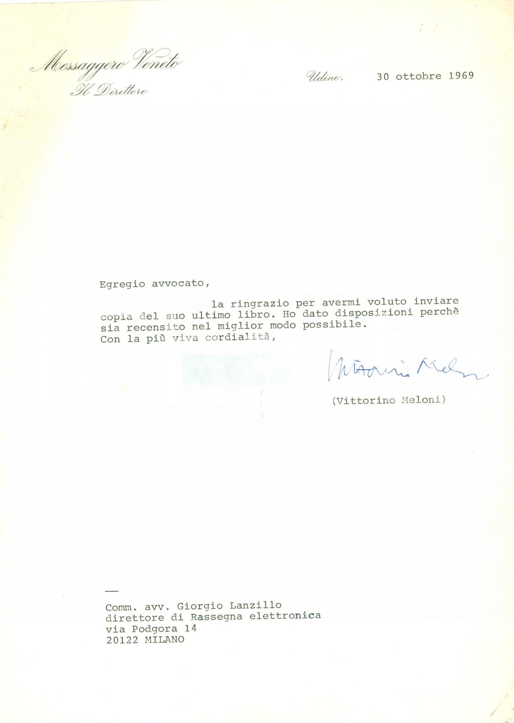 Autografo originale 1969 MILANO Messaggero Veneto Autografo Vittorino MELONI lettera per recensione 1