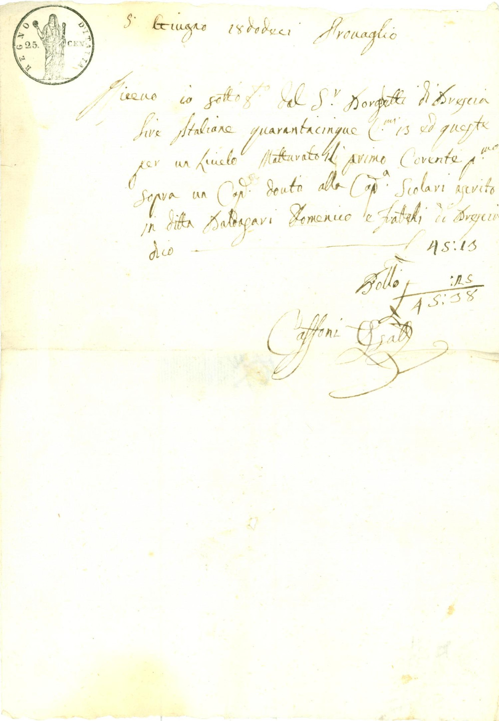 Documento originale, autentico 1812 PROVAGLIO D ISEO BS Livello cappellania SCOLARI  Ricevuta 1