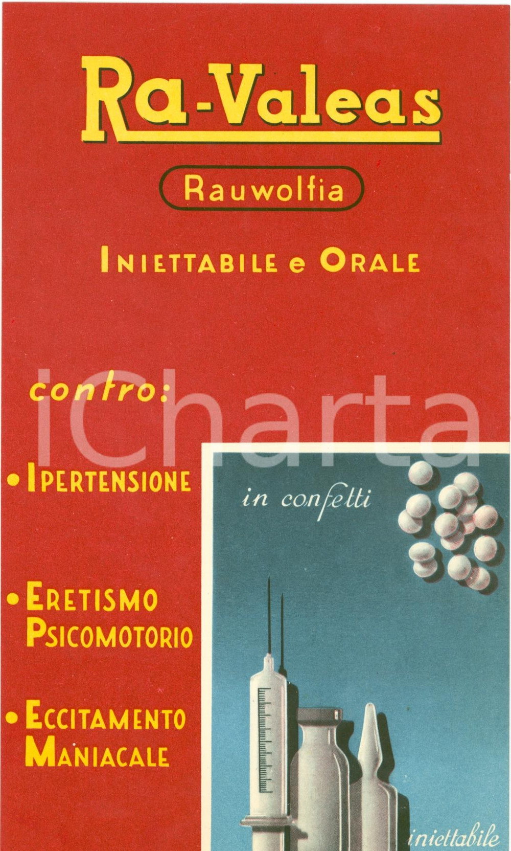 Materiale pubblicitario d’epoca 1955 VALEAS Contro l eccitamento maniacale RAUWOLFIA  Cartoncino pubblicitario 1