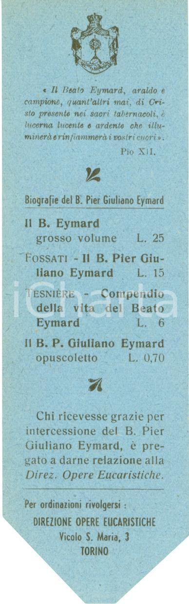 Oggetto da collezione cartaceo 1950 ca TORINO Segnalibro di SAN PIER GIULIANO EYMARD 1 1