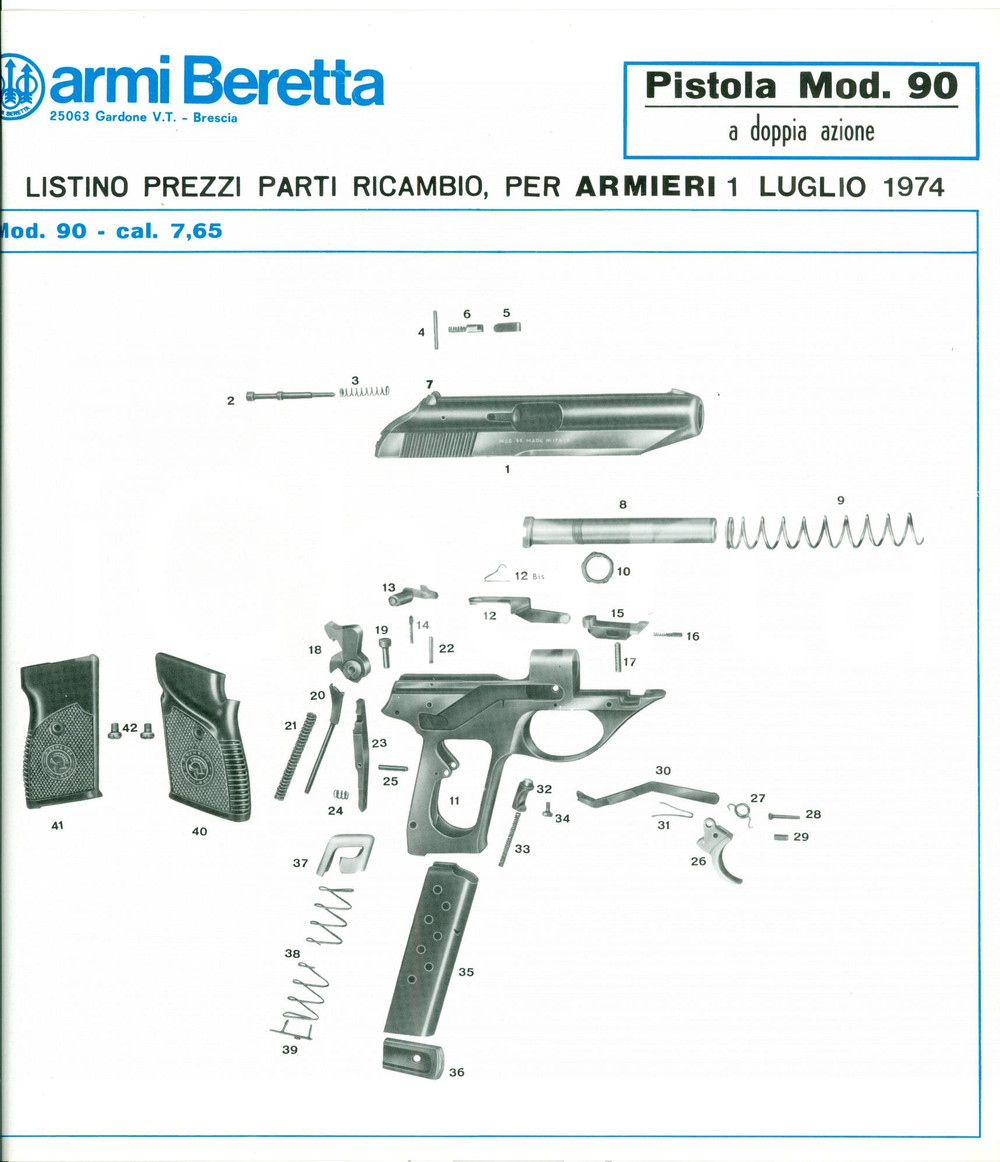 Materiale pubblicitario d’epoca 1974 ARMI BERETTA Pistola Mod. 90 doppia azione Scheda 1