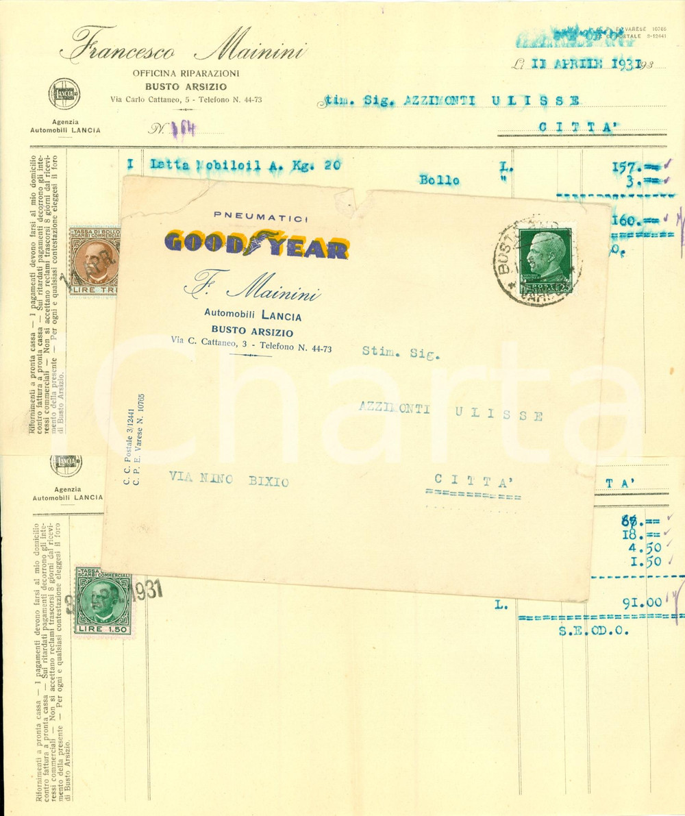 Manoscritto, lettera originale 1931 BUSTO ARSIZIO Officina GOODYEAR Francesco MAININI Fattura 1