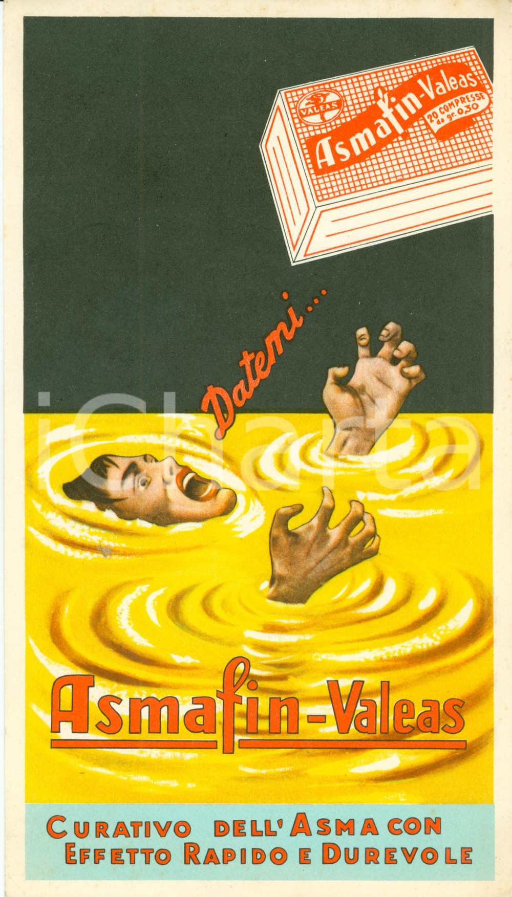 Materiale pubblicitario d’epoca 1955 MILANO Cartoncino VALEAS Compresse ASMAFIN  ILLUSTRATO 1