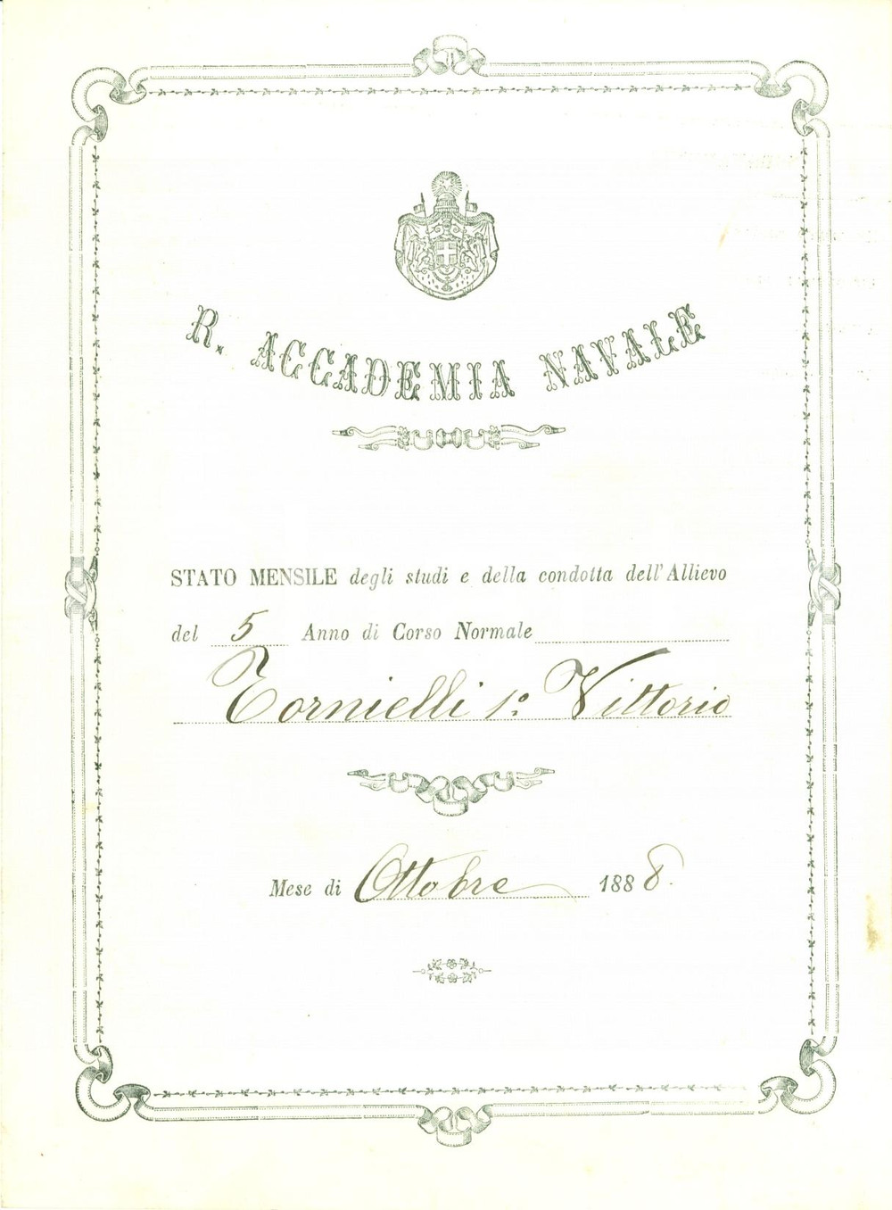 Documento originale, autentico 1888 LIVORNO Accad. Navale Pagella Vittorio TORNIELLI 1