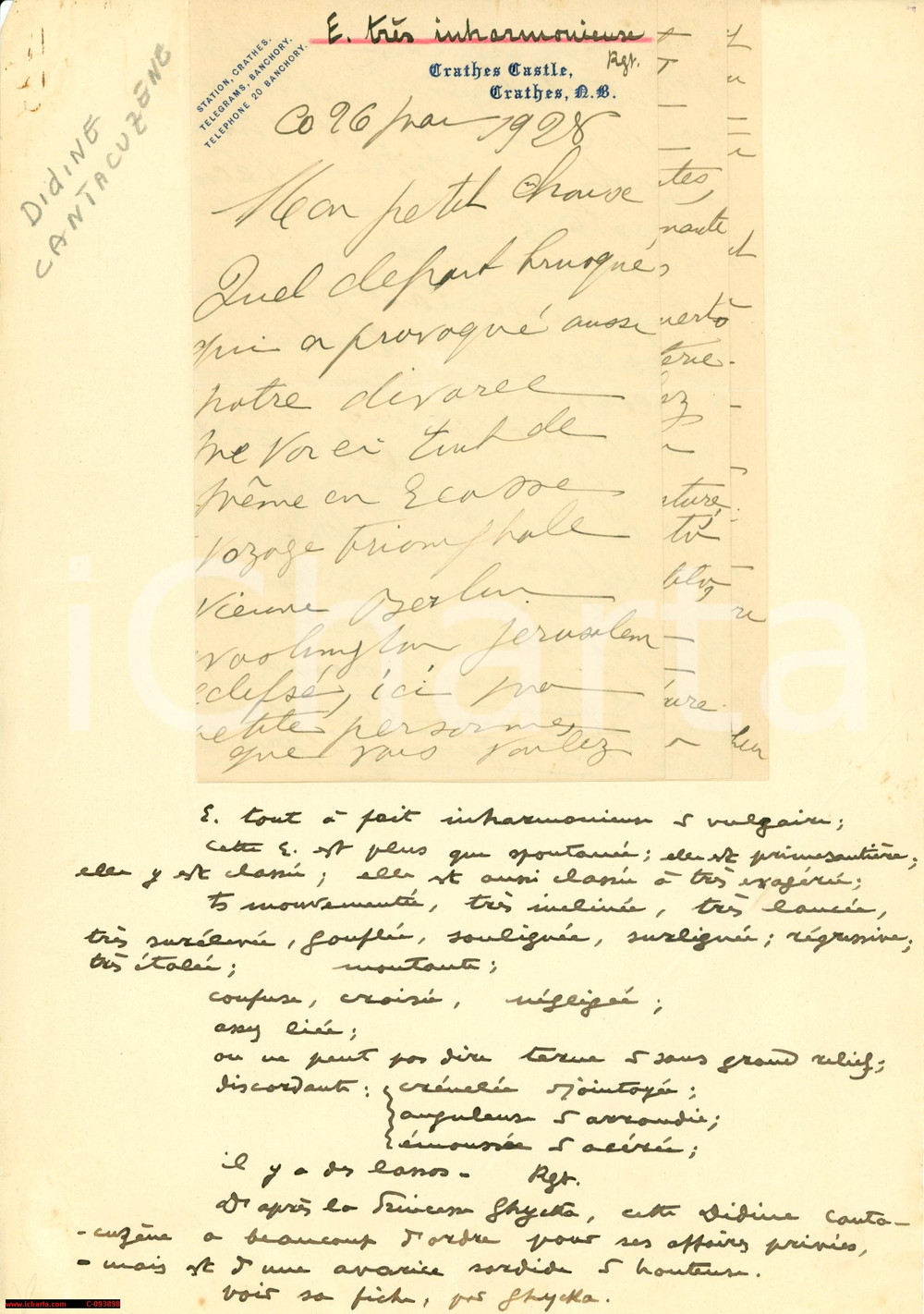 Autografo originale 1929 BANCHORY Autog. Alexandrina CANTACUZINO Femminismo 1
