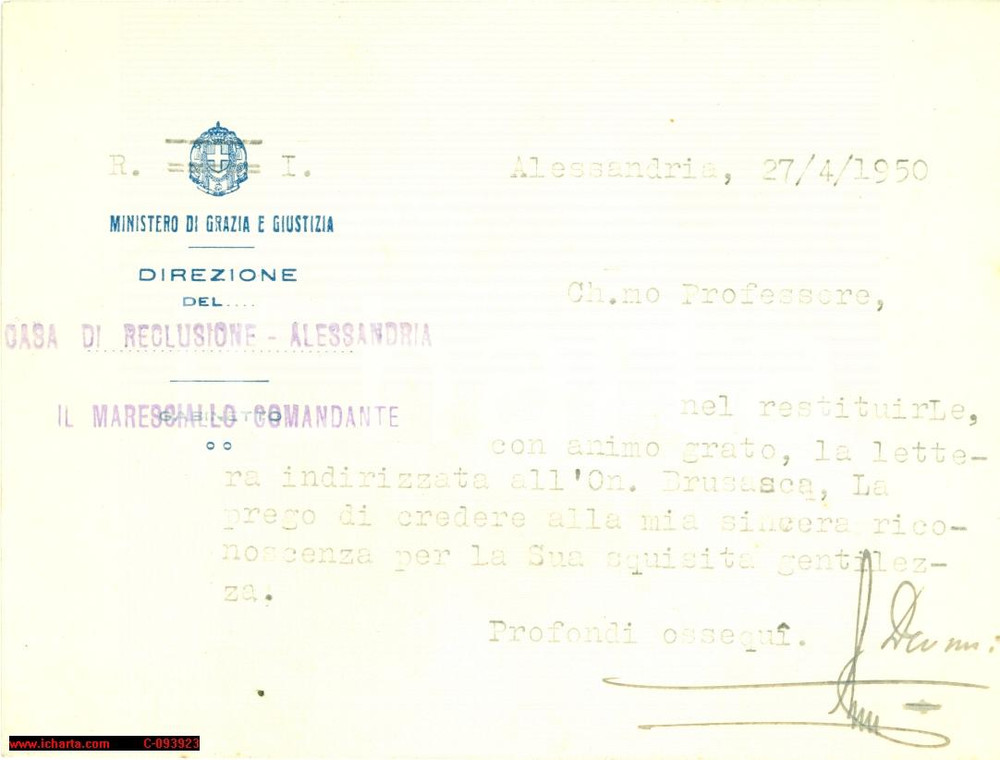 Oggetto da collezione cartaceo 1950 ALESSANDRIA Casa reclusione per Giuseppe BRUSASCA 1