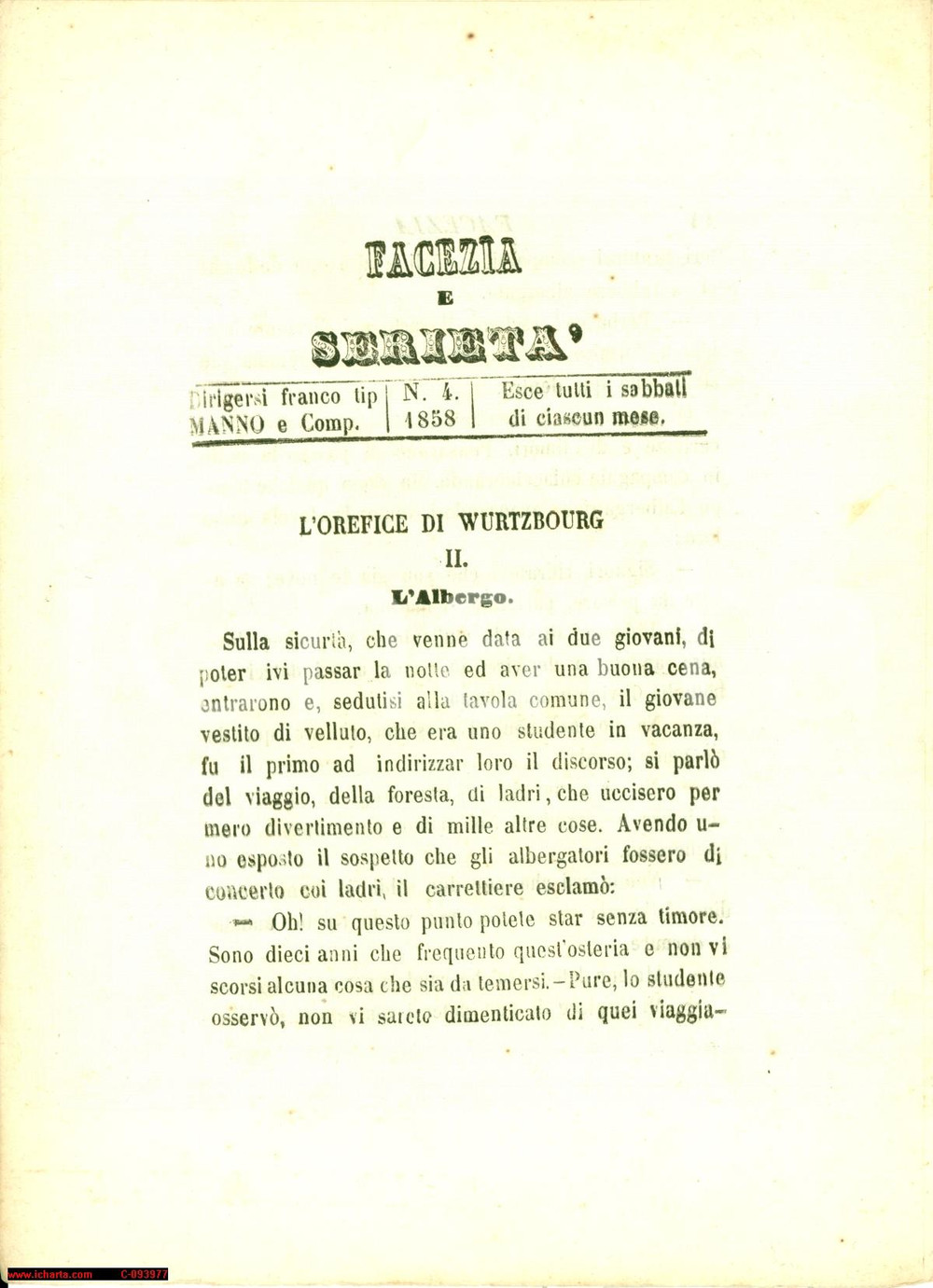 Giornale, rivista storica 1858 FACEZIA E SERIETA  Giornale Orefice di WURTZBURG  Foglio di notizie 1