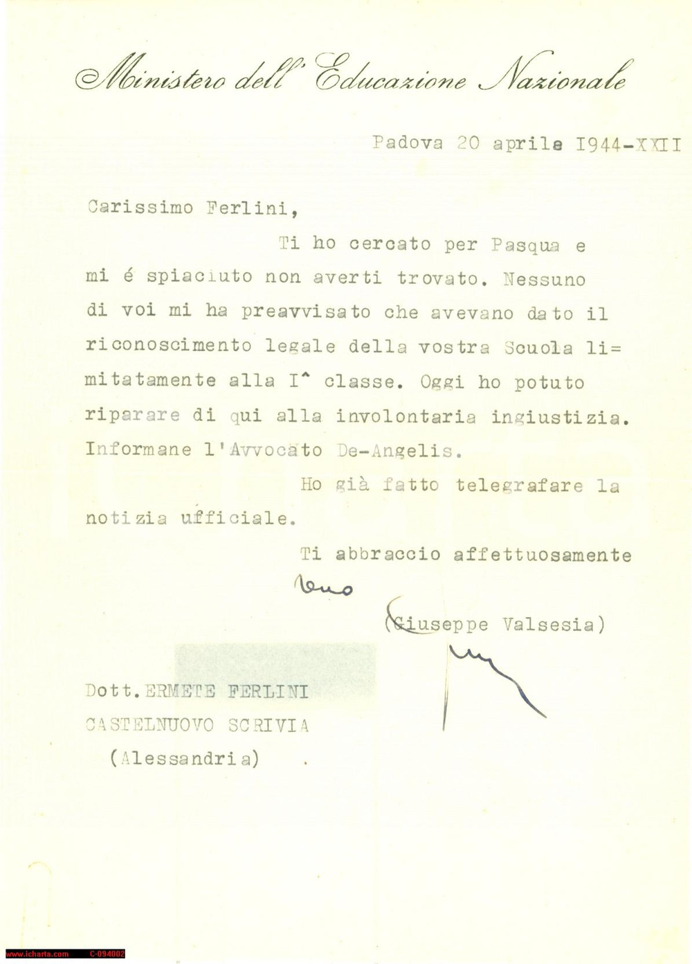 Autografo originale 1944 PADOVA Autografo Provv. Giuseppe VALSESIA O.V.R.A. 1