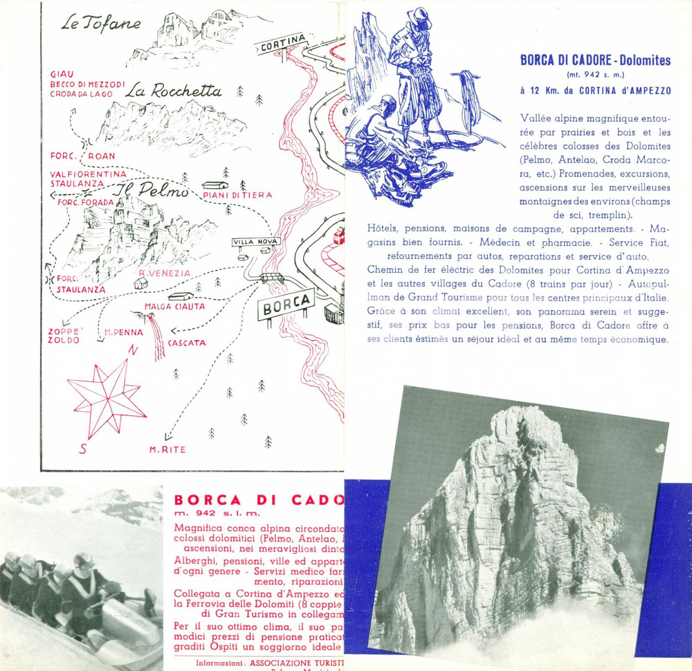 Materiale pubblicitario d’epoca 1950 ca BORCA DI CADORE BL Percorsi sciistici DOLOMITI Volantino 1
