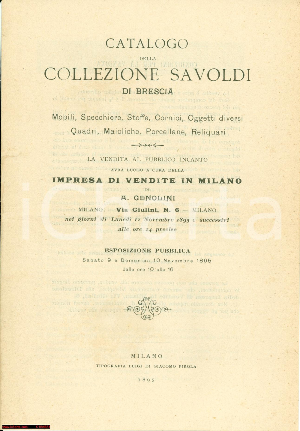 Oggetto da collezione cartaceo 1895 MILANO Vendita all asta della Collezione SAVOLDI Catalogo 1