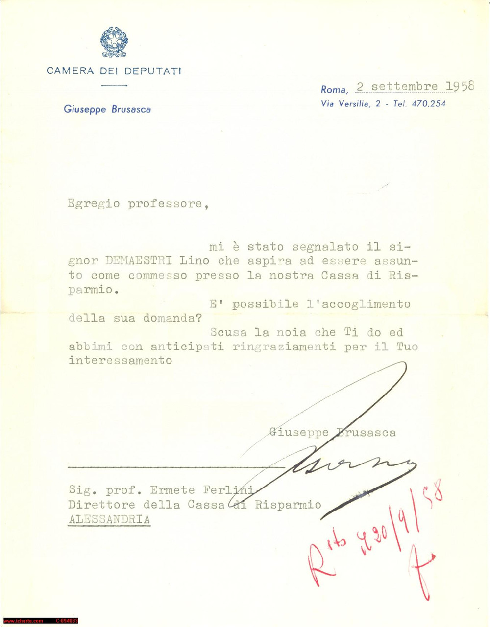 Autografo originale 1958 ALESSANDRIA Giuseppe BRUSASCA Yad Vashem autografo 1