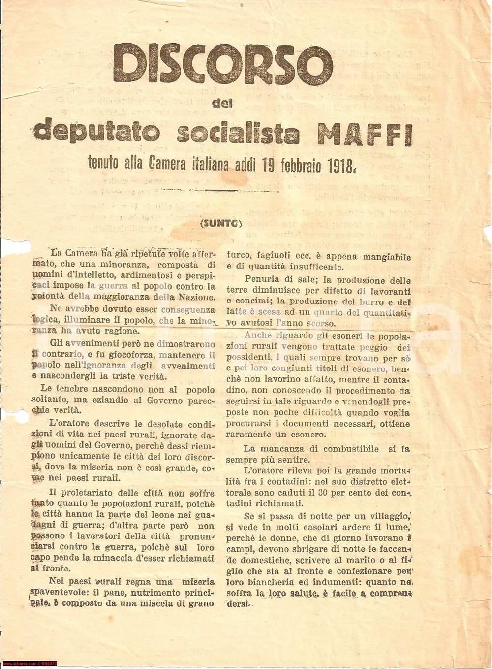 Documento originale, autentico 1918 ROMA Deputato Fabrizio MAFFI su condizioni rurali VOLANTINO 1