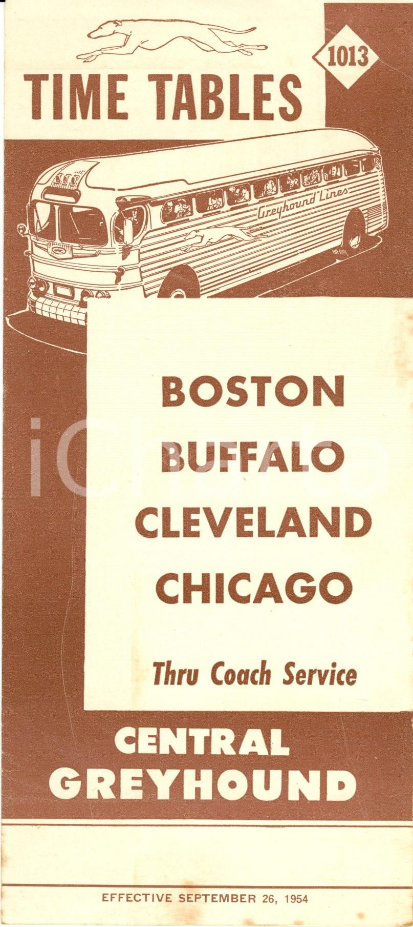 Materiale pubblicitario d’epoca 1954 USA CENTRAL GREYHOUND coach service Time tables 1013 BOSTONCHICAGO 1