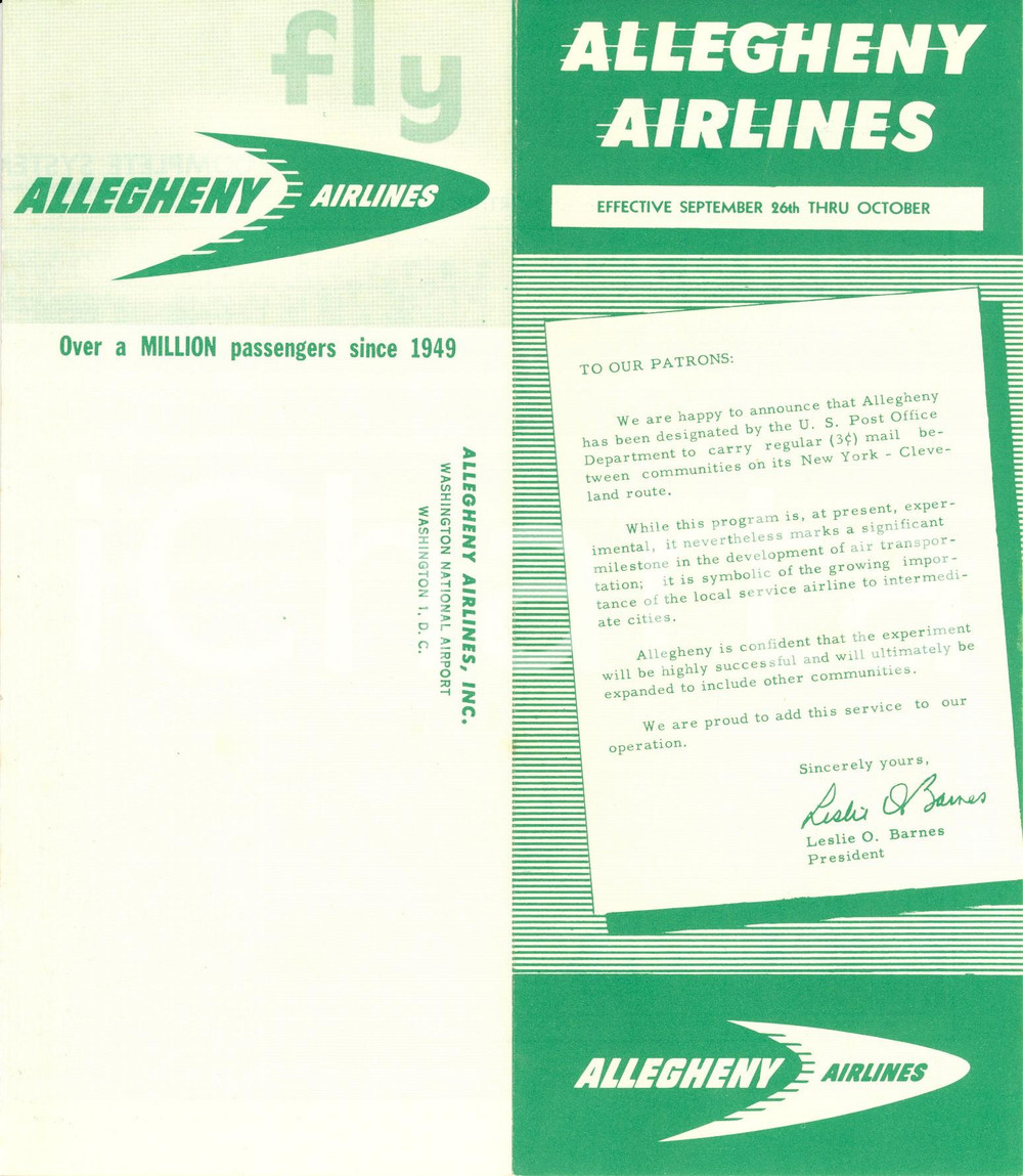 Materiale pubblicitario d’epoca 1950 ca WASHINGTON USA ALLEGHENY AIRLINES complete system schedules Opuscolo 1