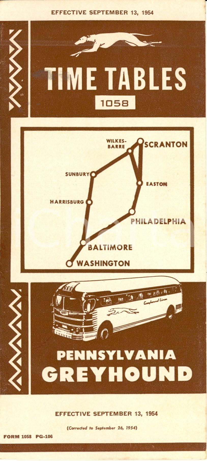 Materiale pubblicitario d’epoca 1954 PENNSYLVANIA USA GREYHOUND lines Time tables 1058 SCRANTONPHILADELPHIA 1