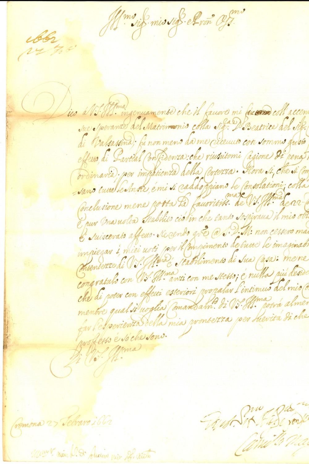Manoscritto, lettera originale 1662 CREMONA Nobile Camillo MAGGIO lieto per le nozze di Beatrice di VALSASSINA 1