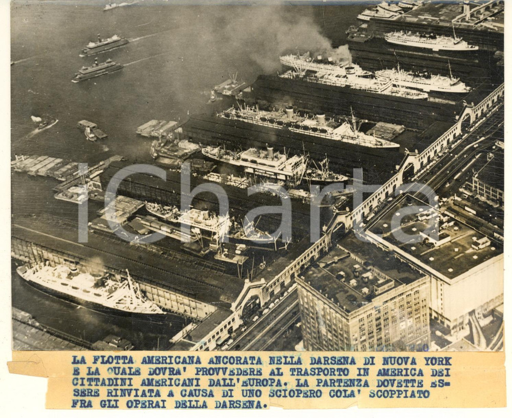 Fotografia d epoca originale 1939 WW2 NEW YORK Transatlantic fleet blocked by a strike DAMAGED photo 1
