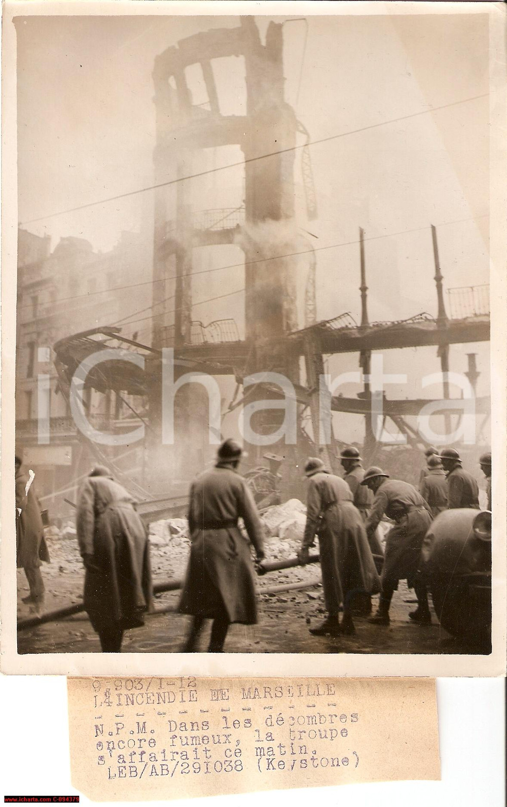 Fotografia d epoca originale 1938 MARSEILLE Incendie aux Nouvelles Galleries  Pompiers Photo 15x20 cm 1