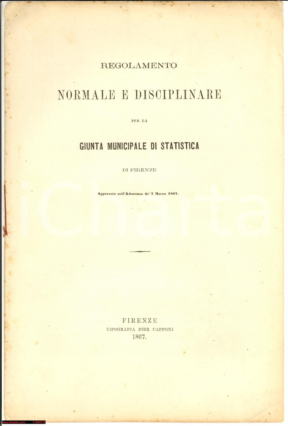 Libro, pubblicazione d epoca 1867 FIRENZE Regolamento Giunta Municipale Statistica 1