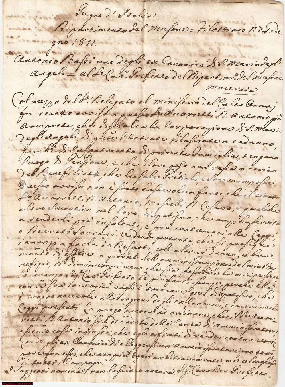 Documento originale, autentico 1811 MACERATA Canonico Antonio BASSI vittima di despoti 1