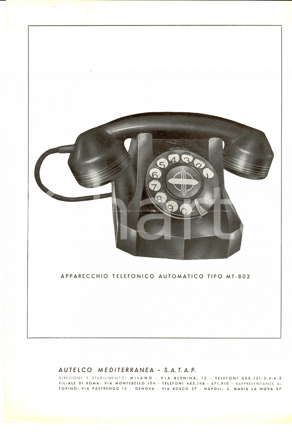 Materiale pubblicitario d’epoca 1952 MILANO Telefono AUTELCO automatico MT802 PubblicitÃ 1