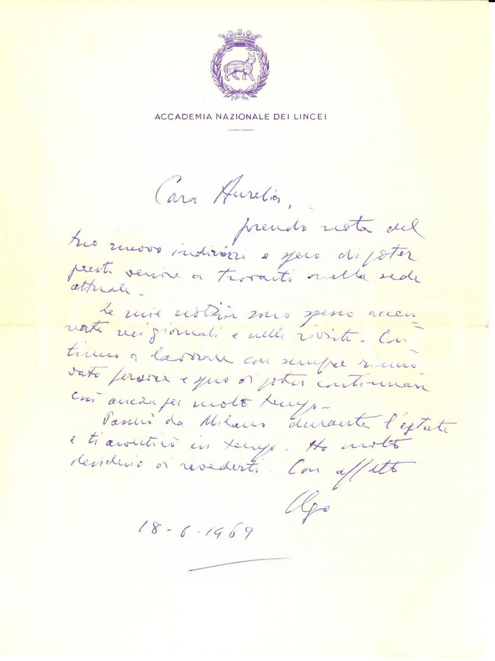 Autografo originale 1969 ROMA Accademia Lincei Ugo SPIRITO Lavoro con rinnovato fervore AUTOGRAFO 1