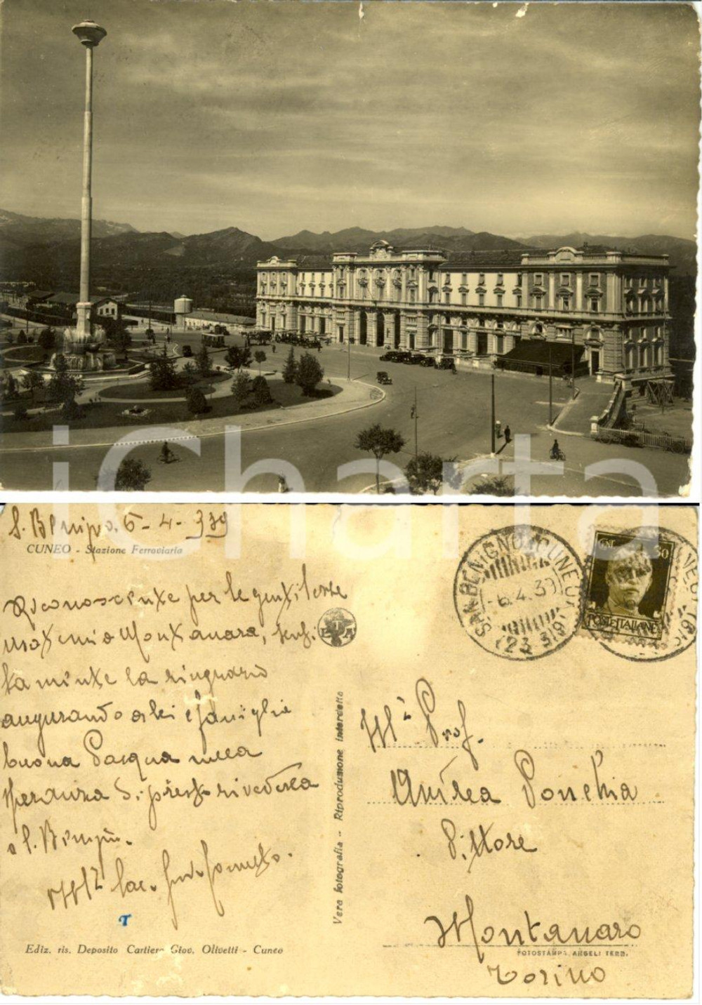 Cartolina originale da collezione 1939 CUNEO Stazione ferroviaria Cartolina al pittore Andrea PONCHIA FG VG 1
