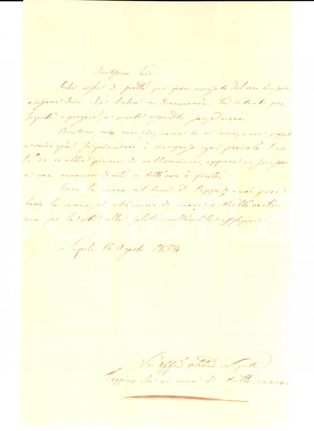 Documento originale, autentico 1854 NAPOLI Giuseppe VILLAPIANA prega per la fine del colera Lettera 1