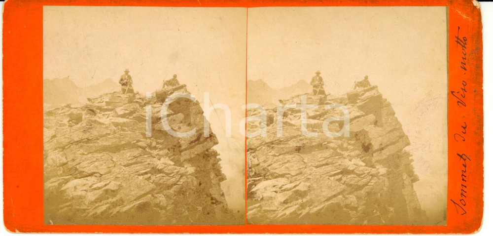Fotografia d epoca originale 1890 ca ALPINISMO Scalatori sulla vetta del MONVISO Stereoscopica 1
