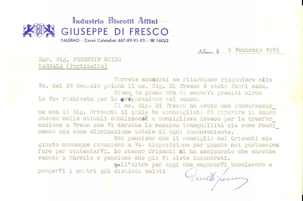 Manoscritto, lettera originale 1959 PALERMO Giuseppe DI FRESCO Industria Biscotti Affini Lettera commerciale 1