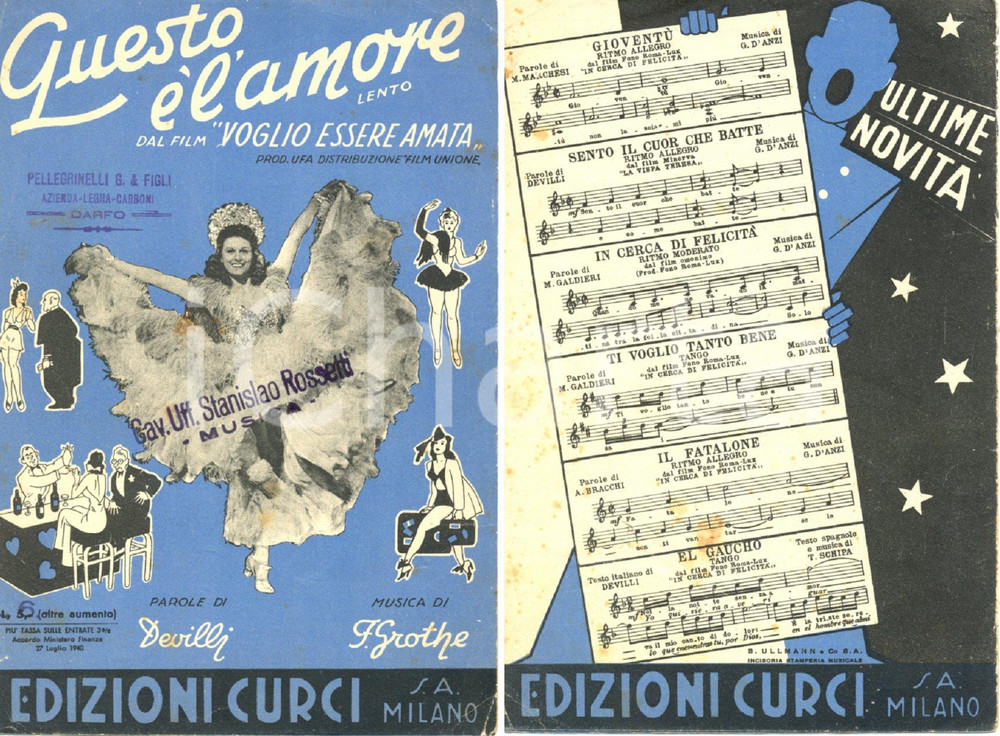 Oggetto da collezione cartaceo 1942 DEVILLI Franz GROTHE Questo Ã¨ l amore Film VOGLIO ESSERE AMATA Spartito 1