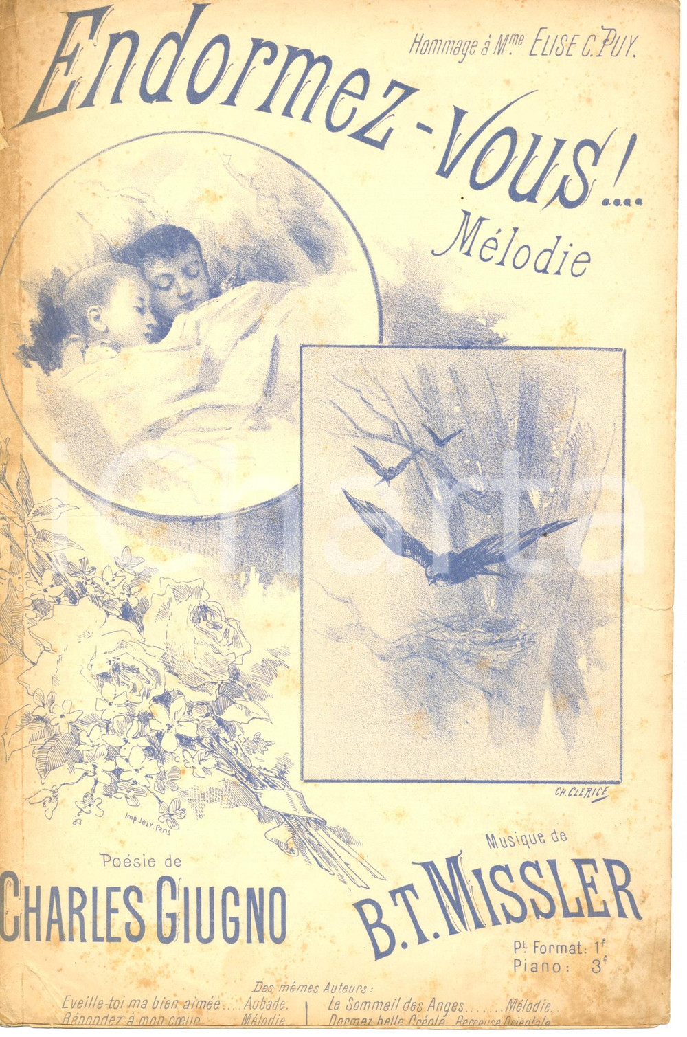 Oggetto da collezione cartaceo 1910 ca Charles GIUGNO B.T. MISSLER Endormezvous Spartito illustr. DANNEGGIATO 1